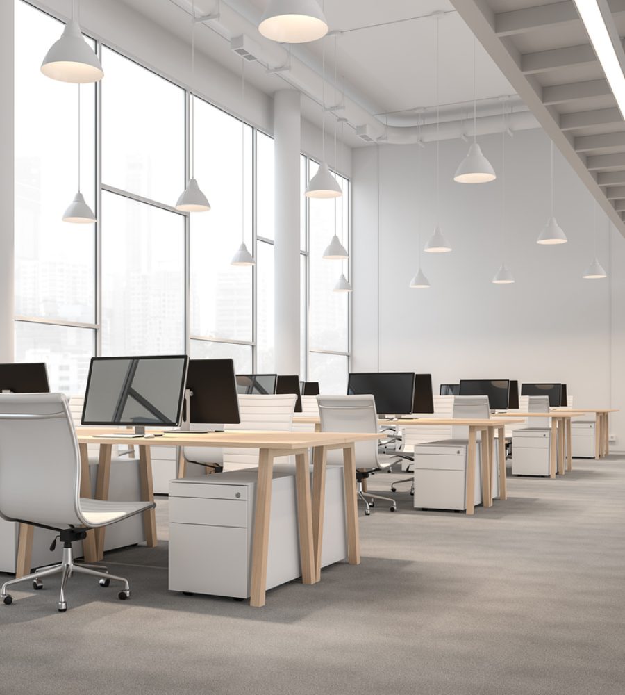 Modern style high ceiling office interior with city view 3d render.There are white wall,gray carpet floor ,decorate with wooden table.There are large windows looking out to see scenery outside.